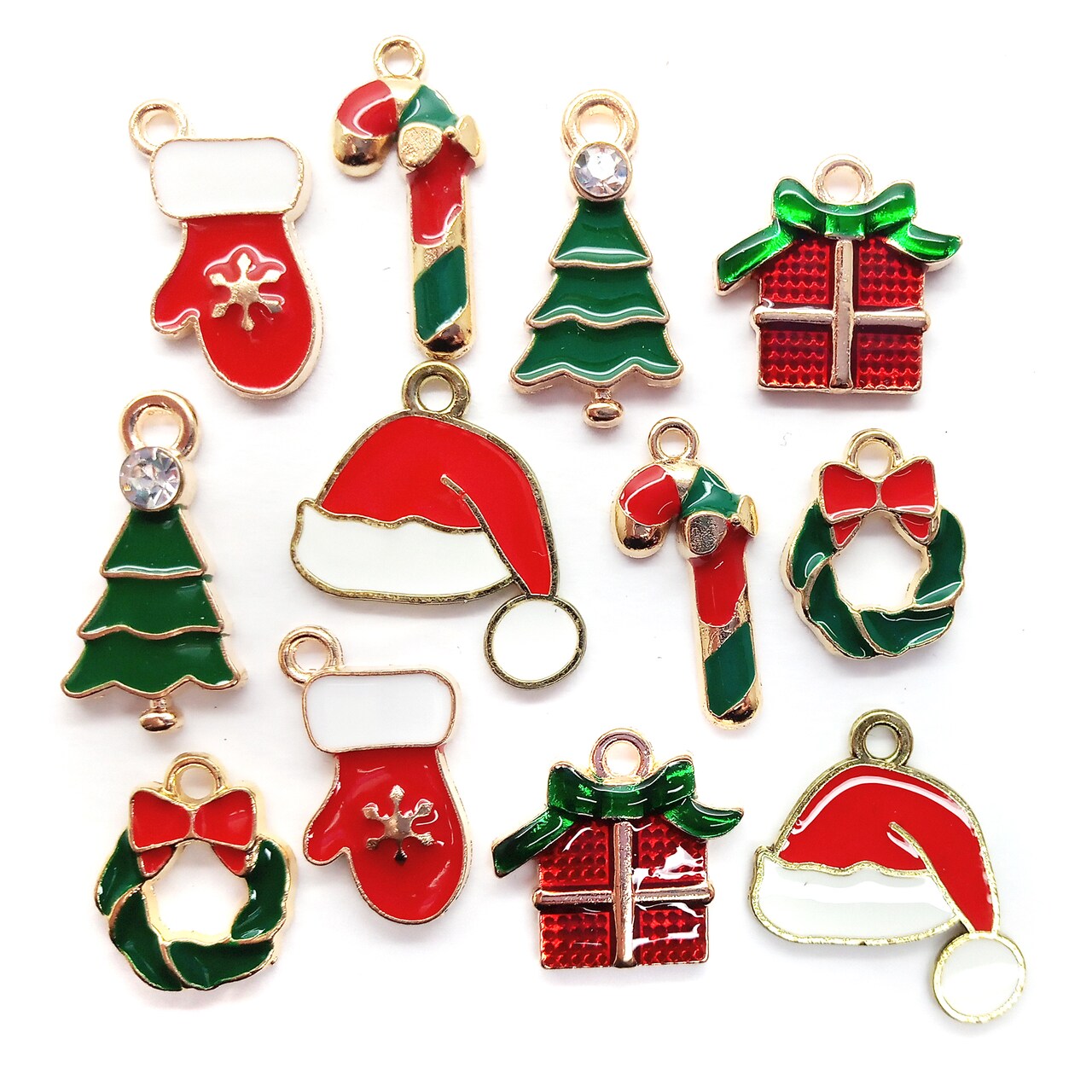Christmas Charm Mix, 12 pieces, Holiday Themed Metal & Enamel Charms, 6 Pairs, Adorabilities